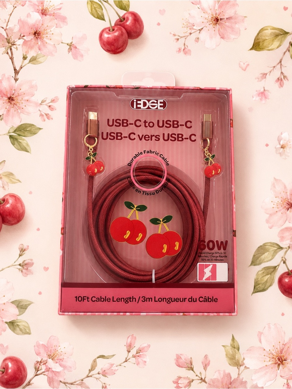 10Ft Cable Length USB-C to USB-C Cherry Fabric Cable w/Cherry charms